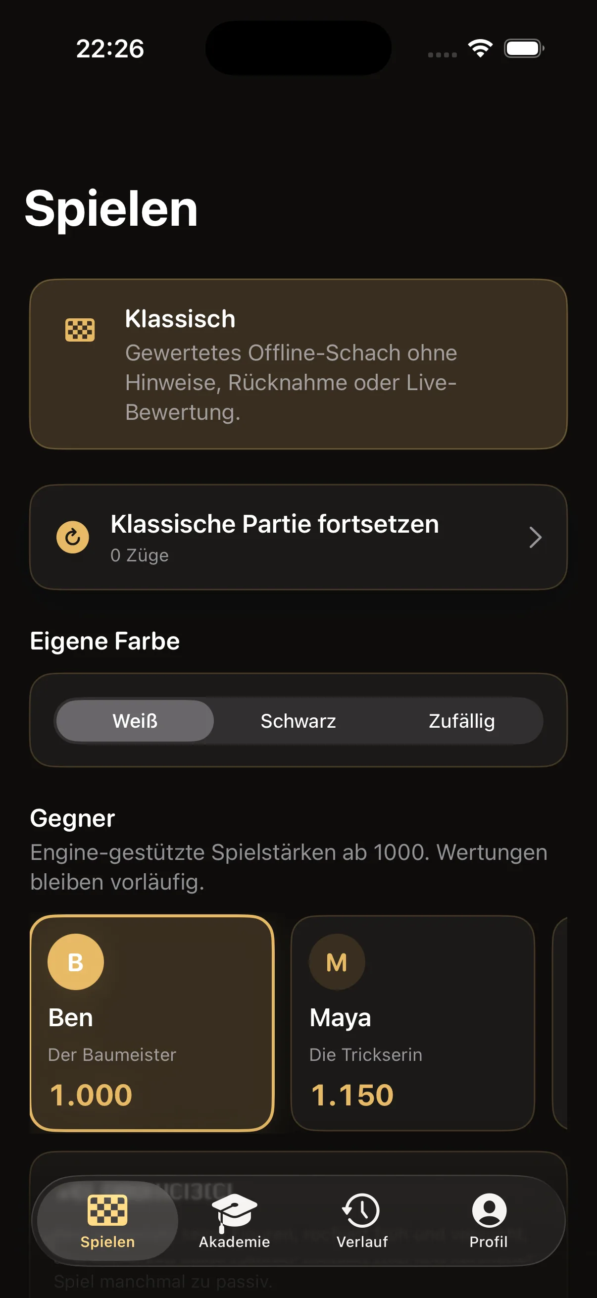 Eloquence Chess opponent selection in dark mode