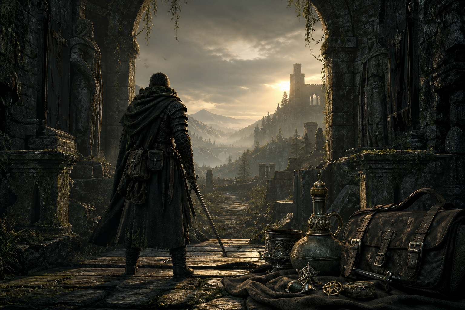 Armored wanderer overlooking a gothic ruined landscape