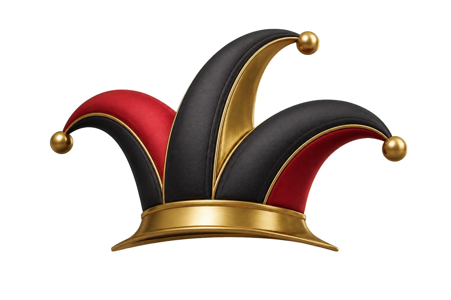 Three-dimensional Kaspar Media jester hat in black, gold and red