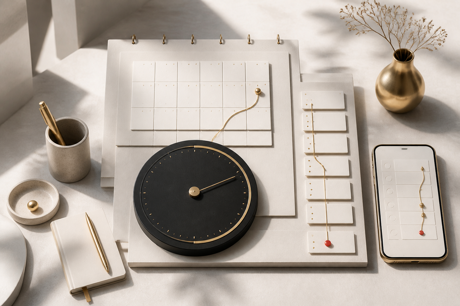 Sculptural planning system with calendar, progress dial and task cards