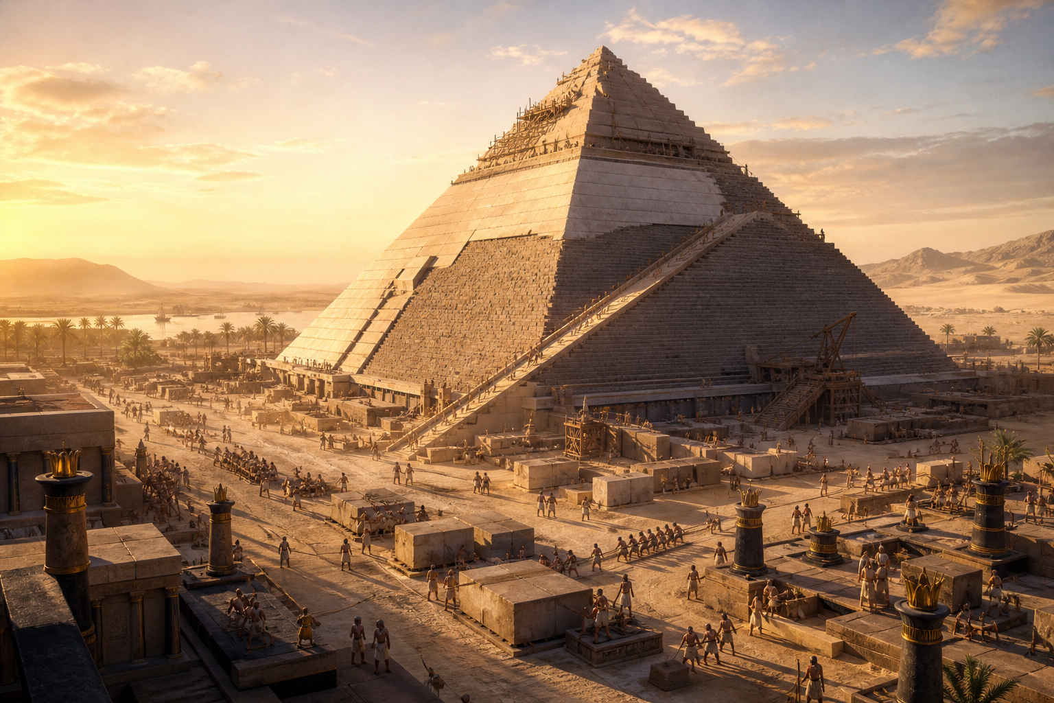 Monumental pyramid construction site at golden hour