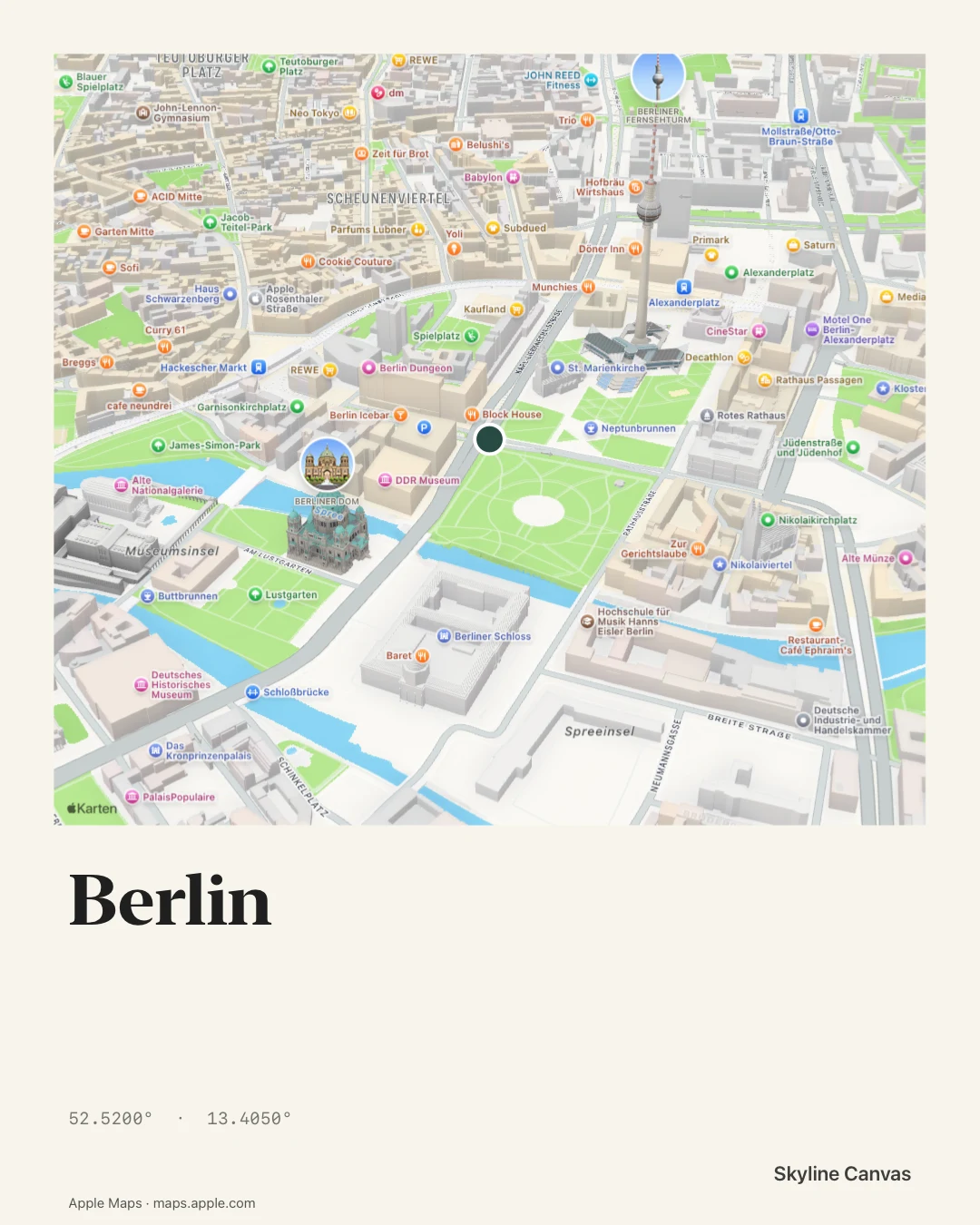 Berlin city poster with a tilted map and three-dimensional buildings around Alexanderplatz