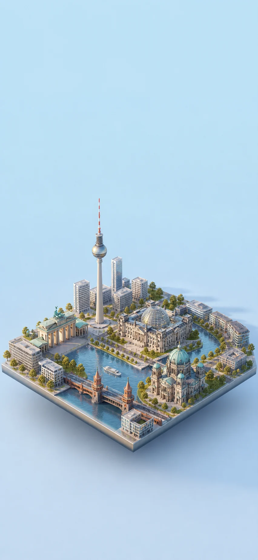 Berlin in daylight, illustrated with the Brandenburg Gate, TV Tower and Reichstag