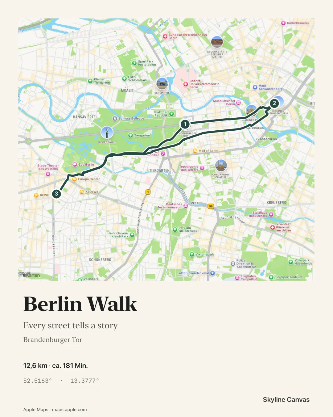 Berlin Walk poster with an Apple map, a solid green loop, numbered markers, distance and a personal caption